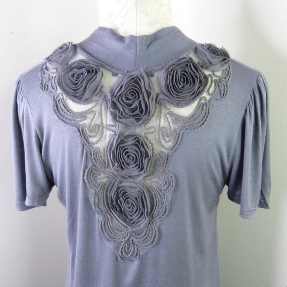 New B'Leev Juniors L Mesh Floral Back Draped Open-Front Short Sleeve Cardigan - Picture 7 of 9